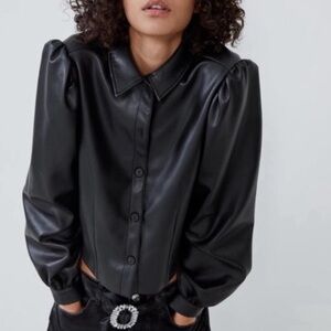 ZARA Black Faux Leather Jacket Puff Sleeve